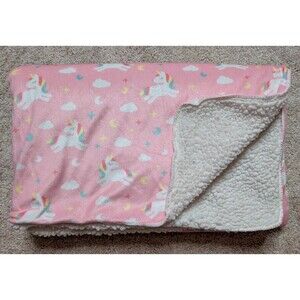 Manhattan Kids Pink Flying Unicorn Moon Stars White Sherpa Baby Blanket 30 X 38